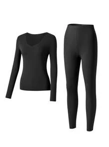 LUVLETTE Plus 女士保暖内衣超柔软底层寒冷天气温暖冬季睡衣套装 V 领上衣和长裤 - 黑色 Warmlette - 黑色 - 查看 11