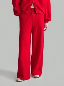 Ontre Women's Drawstring Waist Wide Leg Relaxed Cotton Fit Red Straight Long Pants Fall Women Clothes - Red - View 6
