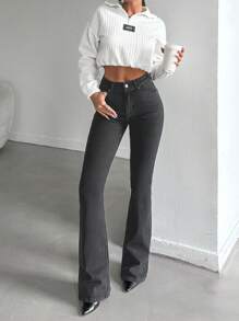 EURMUSE Women High Waist Dark Color Flared Extra Long Slimming Denim Jeans - Dark Grey - View 3