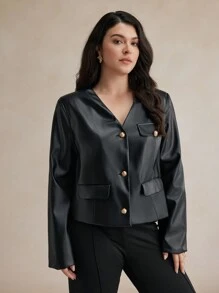 BizChic Chaqueta casual de manga larga con cuello en V, botones frontales y de piel de PU, talla grande - Negro - Ver 7
