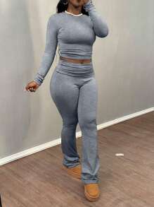 Women Casual Versatile Long Sleeve T-Shirt And Pants Set - 灰色 - 查看 3