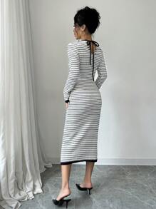 Calvaya Women's Backless Tied Strap Striped Form-Fitting Knitted Bodycon Sweater Dress