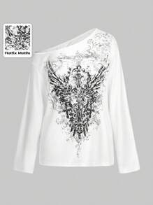 ROMWE Goth Plus Size Oblique Shoulder Long Sleeve Cross Rhinestone Embellished T-Shirt - White - View 1