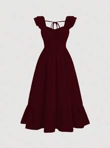 SHEIN MOOSTA Plus Size Solid Color Sweetheart Collar Ruffled Simple Long Dress, Casual Daily Wear Burgundy Women Outfit