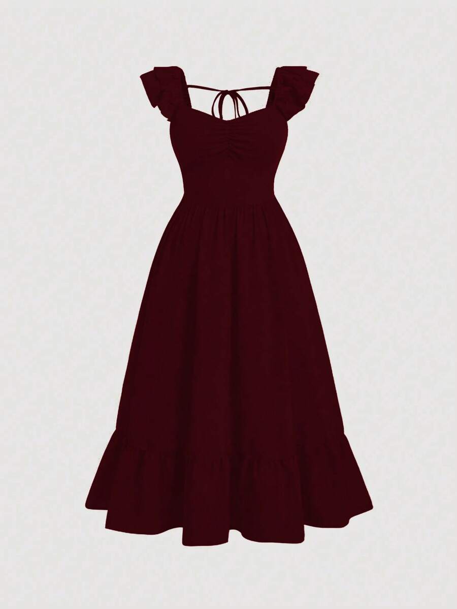 SHEIN MOOSTA Plus Size Solid Color Sweetheart Collar Ruffled Simple Long Dress, Casual Daily Wear Burgundy Women Outfit