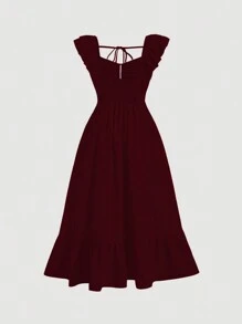 SHEIN MOOSTA Plus Size Solid Color Sweetheart Collar Ruffled Simple Long Dress, Casual Daily Wear Burgundy Women Outfit