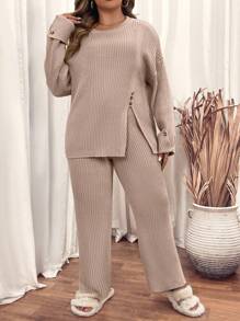 SHEIN LUNE Plus Size Women Camel Round Collar Front Slit Button Accent Knitted Sweater Pants 2-Piece Casual Suit, Autumn Winter - Camel - View 4