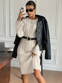 SHEIN Frenchy Damen Einfarbig Langarm Rippenstrick Schlitz Pullover Kleid Für Herbst/Winter, Drop-Shoulder