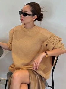 DAZY Women's Solid Color Patchwork PU Round Neck Sweater,Fall Clothes - Khaki - View 5
