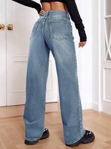 SHEIN EZwear Women Loose Fit Pocketed Wide-Leg Casual Baggy Jeans - Blue - View 2