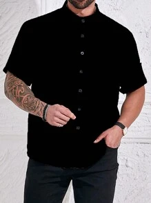 Manfinity Homme Camisa casual de verano para hombre de talla grande de unicolor con botones y mangas cortas