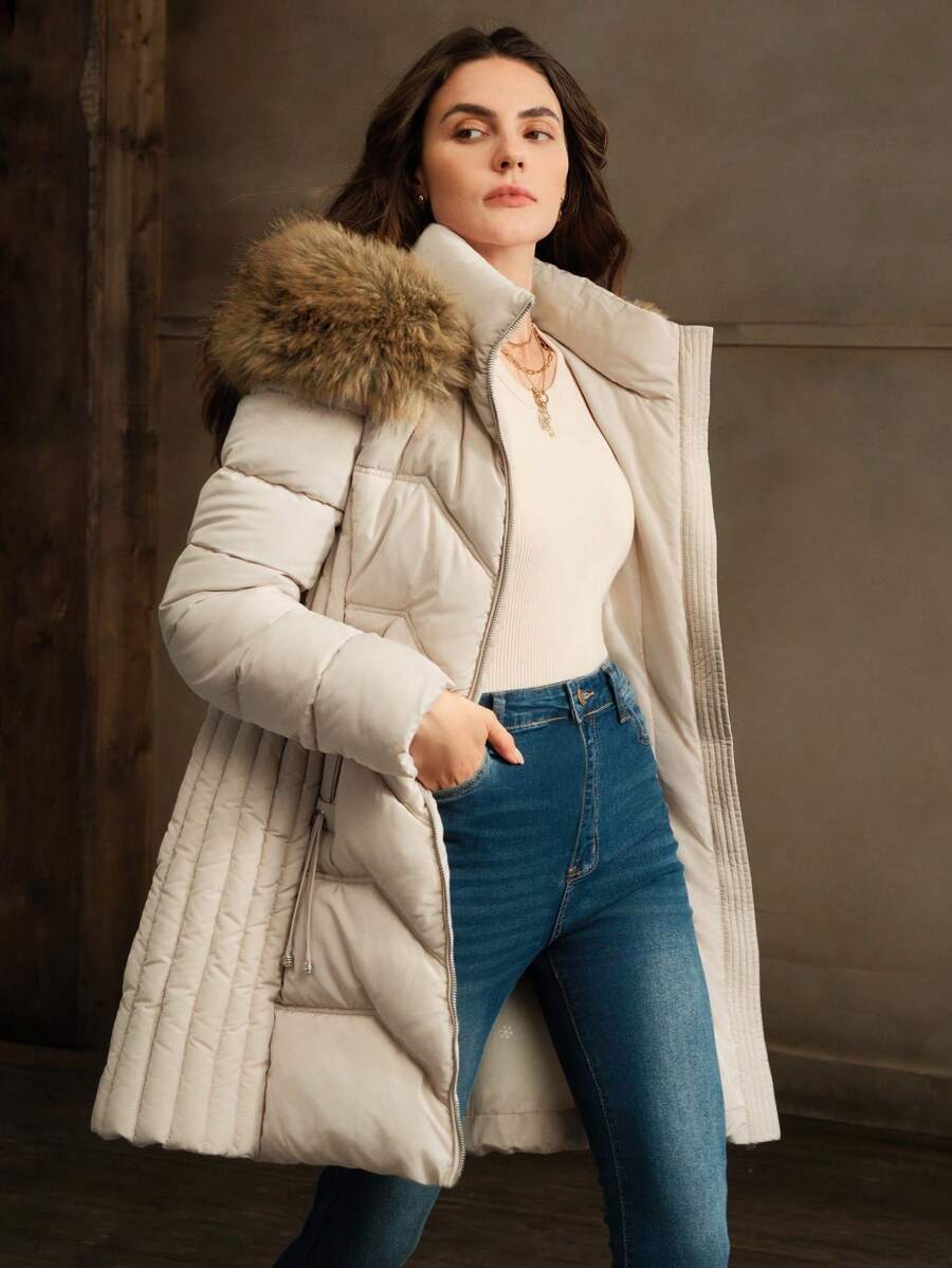 Anewsta Áo khoác lông dày có thể tháo rời dài vừa phải và có mũ trùm đầu cho nữ, mùa đông - Màu be - Xem 1