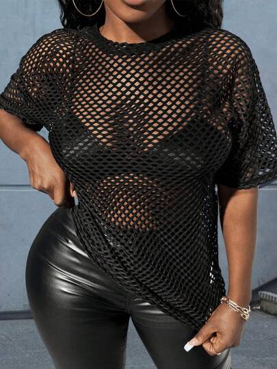 Slaydiva Camiseta regular de manga 3/4 holgada, negra, transparente, de cuello redondo, de uso casual y urbano, para tallas grandes, primavera y otoño