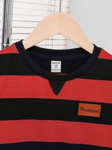 SHEIN Leap Crew Young Boys' Striped Round Neck Raglan Sweatshirt - Red - View 3