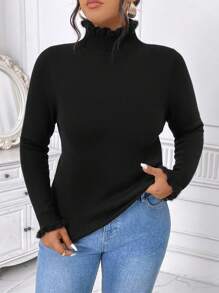 Calvaya Plus Size Women Solid Color Ruffle Collar Mock Neck Thermal Lined Thick Fitted Long Sleeve Sweater - Black - View 6