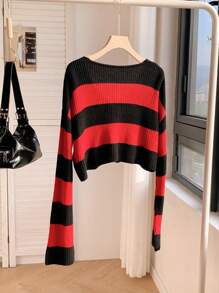 Comfortcana Suéter de punto roto con rayas rojas y negras nuevo para mujer - Negro - Ver 2