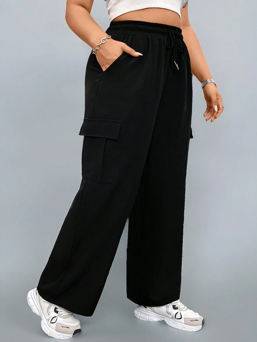 Flirla Plus Size Back-To-School Black Cargo Pants, Straight Leg, Elastic Waist With Drawstring - Black - View 1