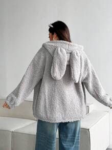 Flirla Plus Size Solid Color Long Sleeve Minimalist Hooded Jacket, Casual Everyday Wear - Grey - View 6