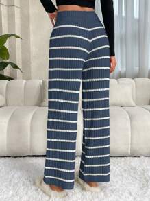 Chiquease Women High Waist Striped Straight Loose Knit Sweater Pants