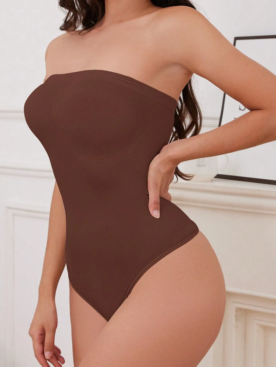 Women's Solid Color Bandeau One-Piece Shapewear - Coffee Brown - View 1