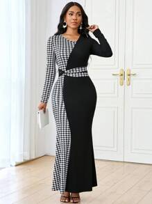 SHEIN Lady Váy dạ hội đen in họa tiết răng sói bốn mùa cho nữ công sở chuyên nghiệp màu đen và họa tiết hình học ôm eo - Nhiều màu - Xem 6