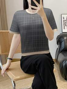 SHEIN Unity Women's Round Neck Short Sleeve Solid Color Patchwork Casual Top - Black - View 4