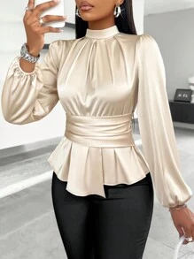 SOLERSUN Women's Casual High Neck Peplum Waist Satin Blouse Peplum Top Fall Cloth For Women - Apricot - View 4
