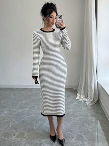 Calvaya Women's Backless Tied Strap Striped Form-Fitting Knitted Bodycon Sweater Dress