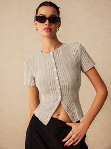 Poéselle 秋季修身不对称罗纹短袖女式 T 恤，带开衩下摆设计，短袖衬衫，圆领，紧身短袖衬衫，T 恤，秋季女式上衣，万圣节衬衫，外出服装 - 杏色 - 查看 2