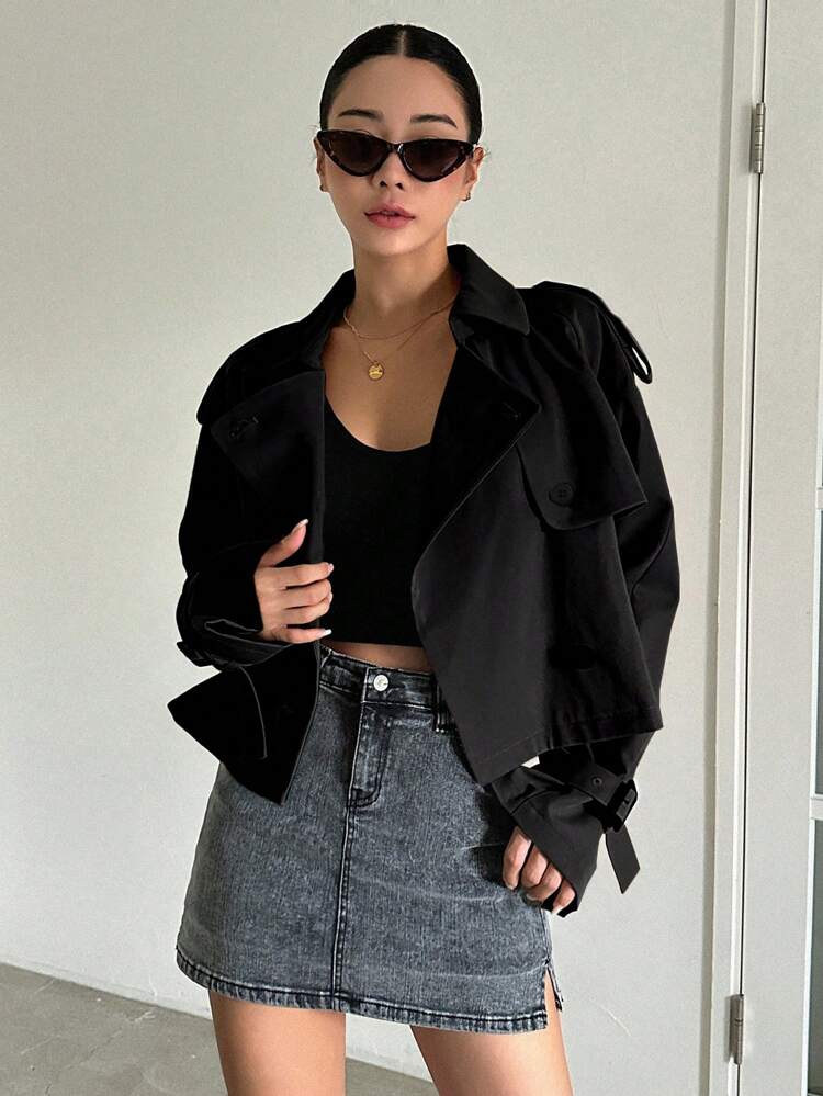 Women's Spring Autumn Solid Color Lapel Neck Long Sleeve Loose Casual Short Trench Coat