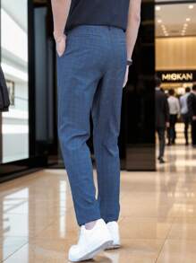 Manfinity Bizformal 男士威爾斯親王格紋斜插口袋定制西褲 - 藍色 - 查看 2