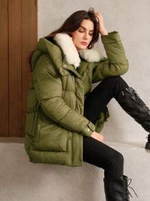 Anewsta Damen einfarbiger gepolsterter Mantel mit Kapuze, winddicht und warm für den Outdoor-Winter - Olivgrün - Übersicht 4