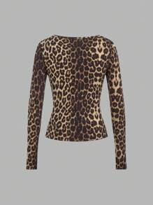 SHEIN EZwear Women's Solid Color + Leopard Print Half-Button Slim Fit T-Shirt, 3-Pack