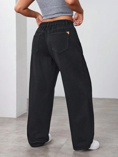 SHEIN ICON Plus Size Solid Color Pocket Decor Straight Leg Baggy Jeans