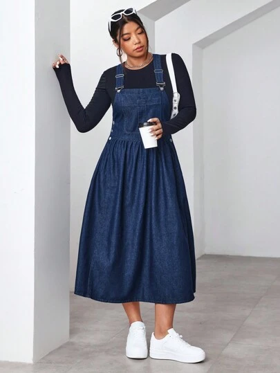 SHEIN ICON Plus Size Enfärgad ärmlös denimklänning med fickor