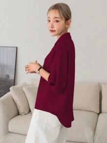 DAZY Summer Casual Loose Fit Solid Color Oversized Shirt - Burgundy - View 3