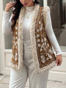 Vionelle Embroidered Patchwork With Furry Collar Retro Jacket, Plus Size, Autumn/Winter Fall - Brown - View 7