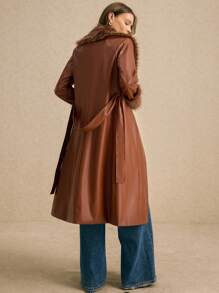 Poéselle Abrigo largo de piel sintética con cuello de pelo esponjoso, Abrigo largo de mujer de invierno con parches, cuello de pelo esponjoso y manga larga holgada, Prendas de mujer de otoño e invierno, Abrigo de invierno, Moda cálida, Sencilla y capaz, Estilo de dinero antiguo, Adecuado para uso diario, comutación y otras ocasiones de uso - Café integral - Ver 4