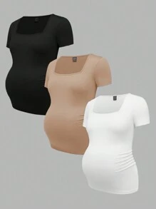 SHEIN 3pcs Maternity Casual Simple Black White & Gray Square Neck Short Sleeve Fitted Pregnancy Tops, Summer