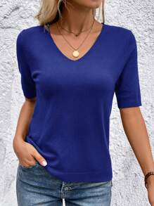 SHEIN Clasi V-Neck Casual Short Sleeve Regular Knit Sweater