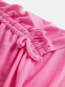 SHEIN Teen Girls' Fuschia Pink Ribbed Funnel Neck Ruched Hem Sweet Casual Long Sleeve T-Shirt - Hot Pink - View 3