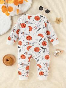 Baby Boys Cute Cookie & Milk Graphic Print Patchwork Jumpsuit, Fall/Winter - Multicolor - View 2