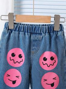 Baby Girl Rose Red Smiling Face Pattern Straight Leg Jeans, Autumn - Blue - View 3