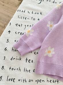 SHEIN LMoss Kids LMoss 女婴可爱百搭紫色花卉图案长袖毛衣，秋冬款 - 綠色 - 查看 4