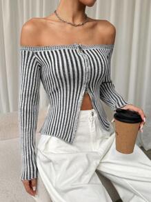 SHEIN EZwear 1pc Women's Grey Off-Shoulder Knit Sweater - Grey - View 5