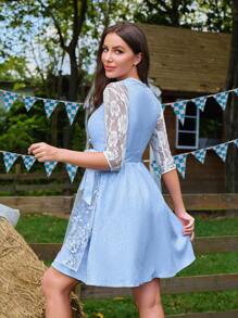 Vestido tradicional bávaro azul bordado Dirndl para mujer, disfraz de sirvienta alemana de Oktoberfest - Azul - Ver 2