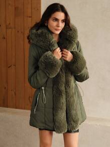 Anewsta Thick Fur Collar Mid-Length Versatile Women's Jacket - Army Green - View 1