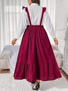 SHEIN Unity Plus Size Women's Summer Polka Dot Print Patchwork Ruffle Hem Long Strap Dress - Burgundy - View 3