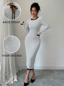 Calvaya Women's Backless Tied Strap Striped Form-Fitting Knitted Bodycon Sweater Dress