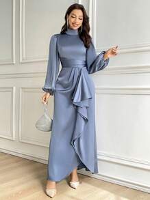 Modelyn Đầm dài tay thanh lịch cổ đứng màu trơn cho nữ Đầm dạ hội dài - Màu xanh bụi bặm - Xem 6